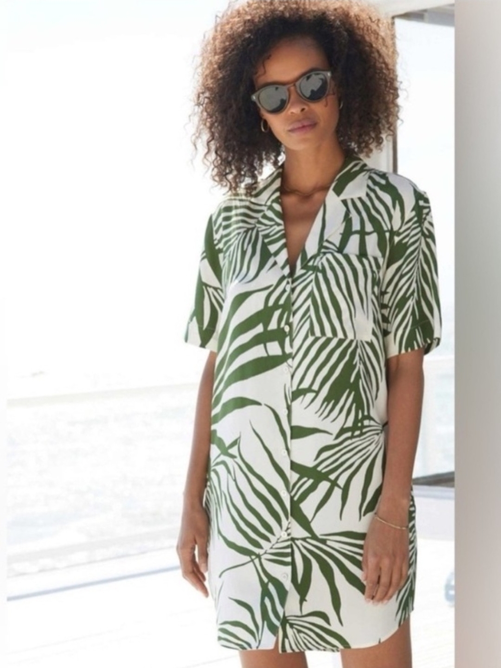 NWOT AYR Size S 100% Silk Green Palm-Print Button Down Mini Shirt Dress